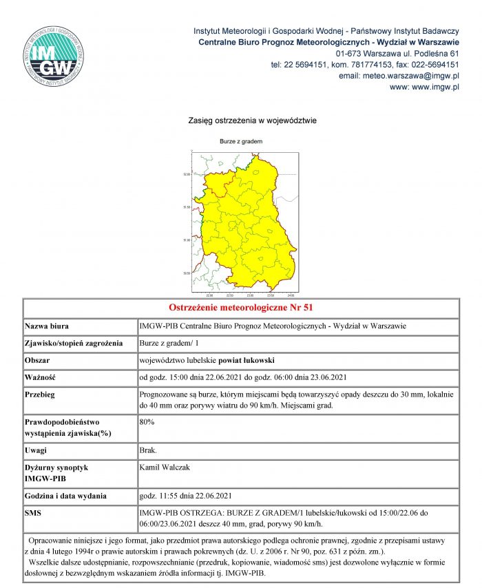 Ostrzeżenie meteorologiczne – burze z gradem