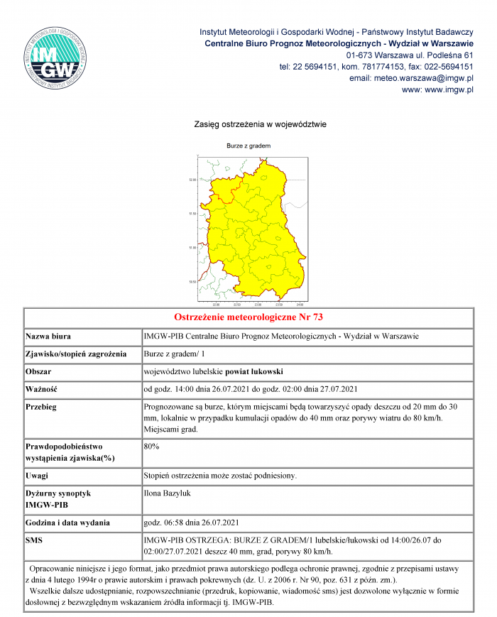Ostrzeżenie meteorologiczne – burze z gradem