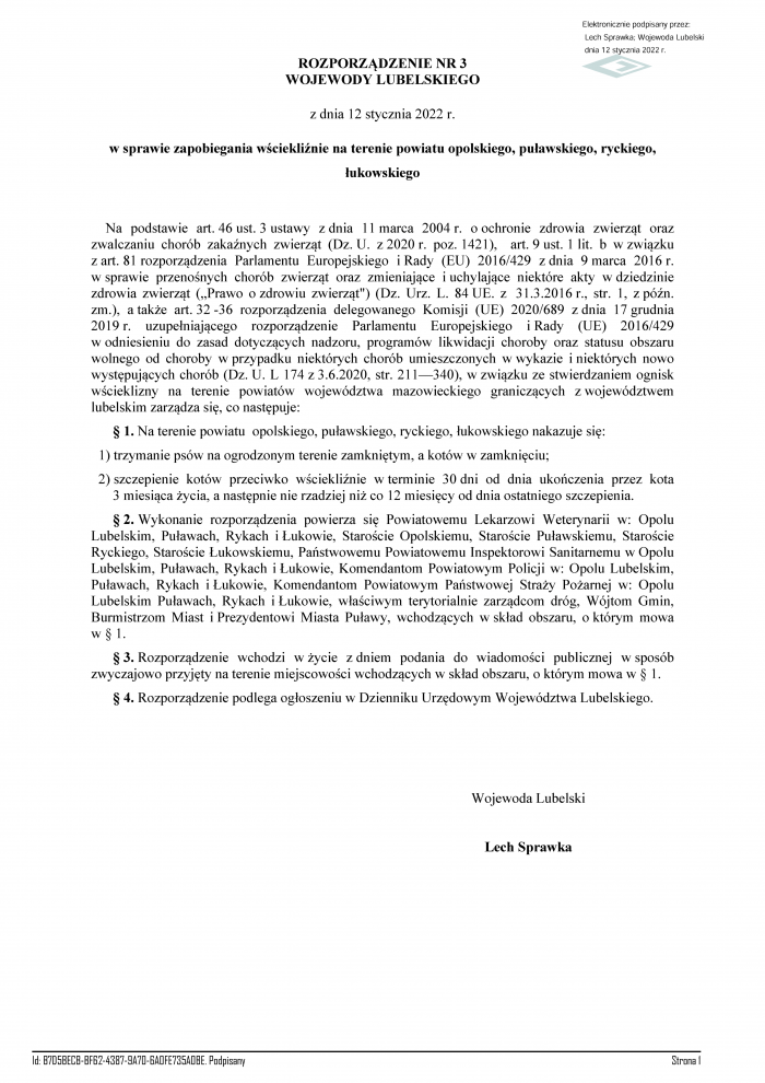 ROZPORZĄDZENIE NR 3 WOJEWODY LUBELSKIEGO z dnia 12 stycznia 2022 r. w sprawie zapobiegania wściekliźnie na terenie powiatu opolskiego, puławskiego, ryckiego, łukowskiego